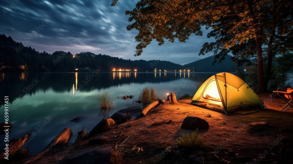 A camping tent in a nature hiking spot, Relaxing during a Hike in mountains, next to lake river A camping tent in a nature hiking spot, Relaxing during a Hike in mountains, next to lake river