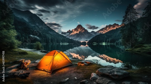 A camping tent in a nature hiking spot, Relaxing during a Hike in mountains, next to lake river