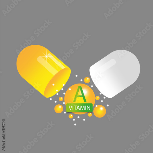 Vitamin A in open yellow capsule. Health pill. Vector illustration. EPS 10.