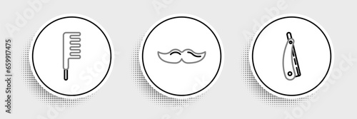 Set line Straight razor, Hairbrush and Mustache icon. Vector