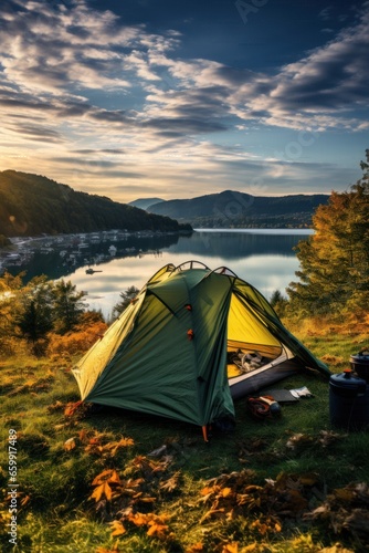 A camping tent in a nature hiking spot, Relaxing during a Hike in mountains, next to lake river