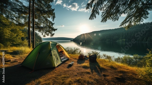 A camping tent in a nature hiking spot, Relaxing during a Hike in mountains, next to lake river