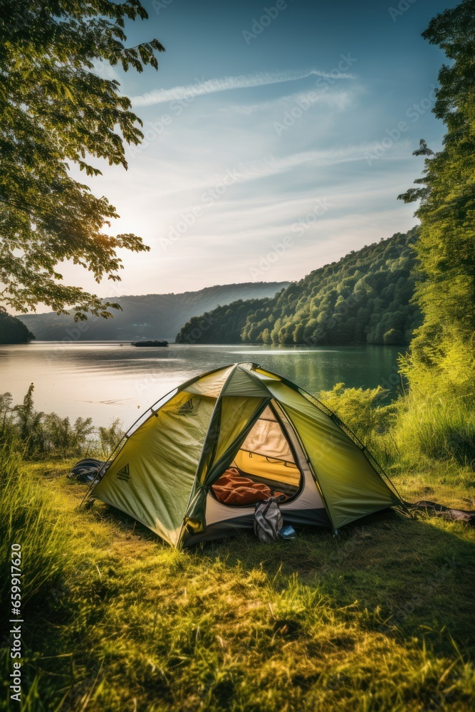 A camping tent in a nature hiking spot, Relaxing during a Hike in mountains, next to lake river - obrazy, fototapety, plakaty 