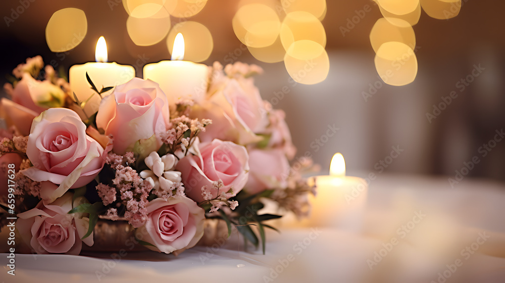 Wedding centerpiece with flower bouquet and candles