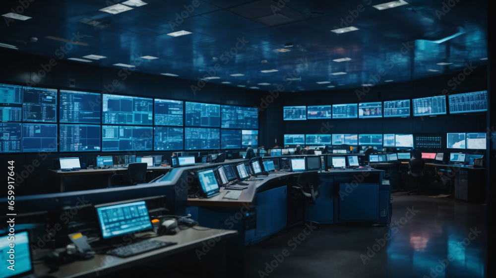 Security room with computers, stock market data and stock exchange data. CCTV cameras in surveillance room. Cybersecurity concept. 