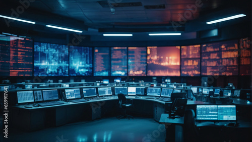 Security room with computers, stock market data and stock exchange data. CCTV cameras in surveillance room. Cybersecurity concept.  photo