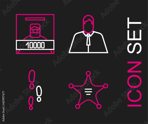 Set line Hexagram sheriff, Footsteps, Lawyer, attorney, jurist and Wanted poster icon. Vector