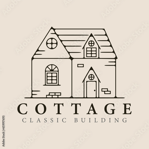 cottage line art logo vector illustration template design.