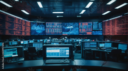 Security room with computers  stock market data and stock exchange data. CCTV cameras in surveillance room. Cybersecurity concept. 