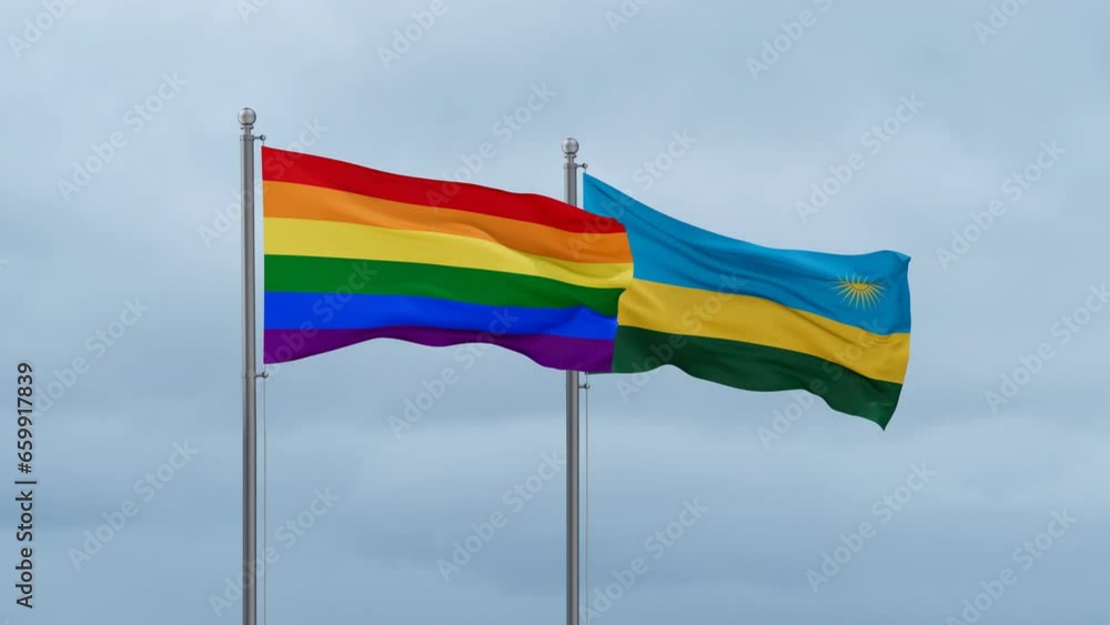 Republic of Rwanda and LGBT movement also Gay Pride flag waving together on cloudy sky, endless seamless loop, two country cooperation concept Republic of Rwanda and LGBT movement also Gay Pride flag waving together on cloudy sky, endless seamless loop, two country cooperation concept