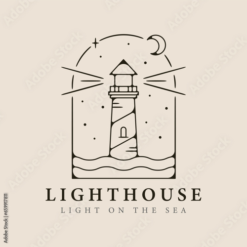 lighthouse line art logo minimalist style with emblem vector illustration design.