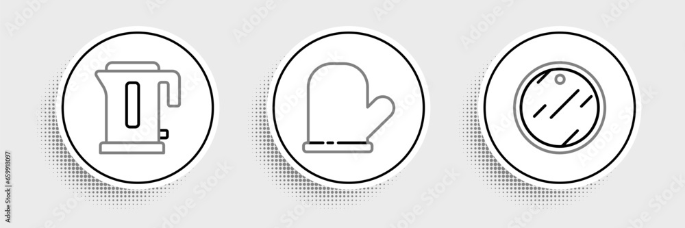 Set line Cutting board, Electric kettle and Oven glove icon. Vector Set line Cutting board, Electric kettle and Oven glove icon. Vector