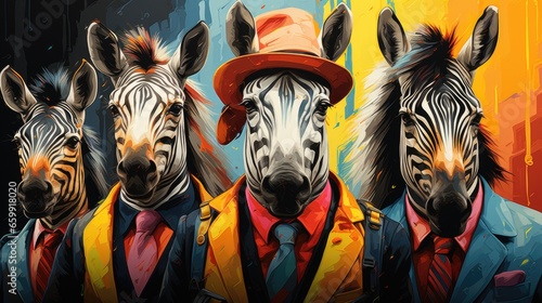 A group of zebras wearing suits and hats. Imaginary AI picture. photo