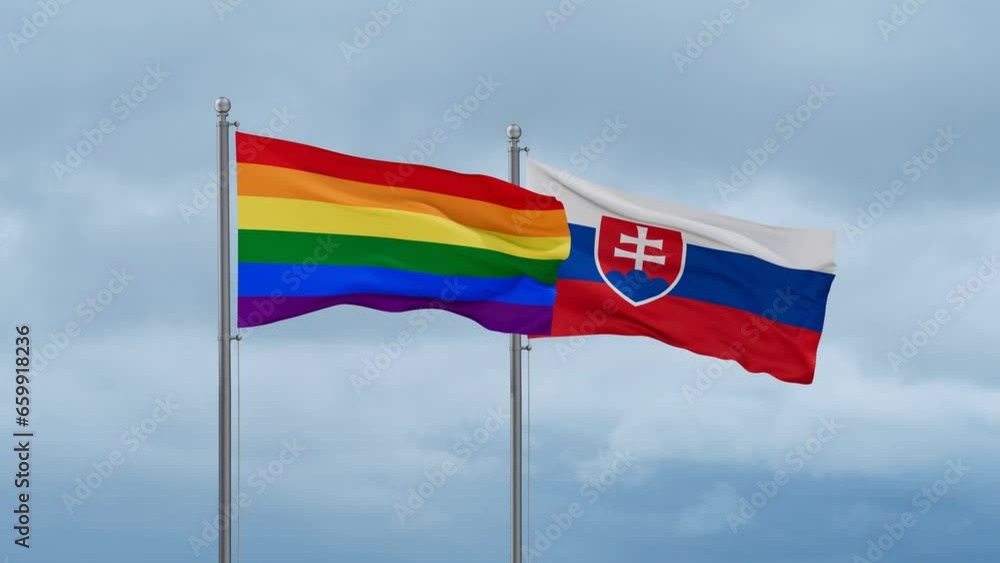 Slovak Republic or Slovakia and LGBT movement also Gay Pride flag waving together on cloudy sky, endless seamless loop, two country cooperation concept Slovak Republic or Slovakia and LGBT movement also Gay Pride flag waving together on cloudy sky, endless seamless loop, two country cooperation concept