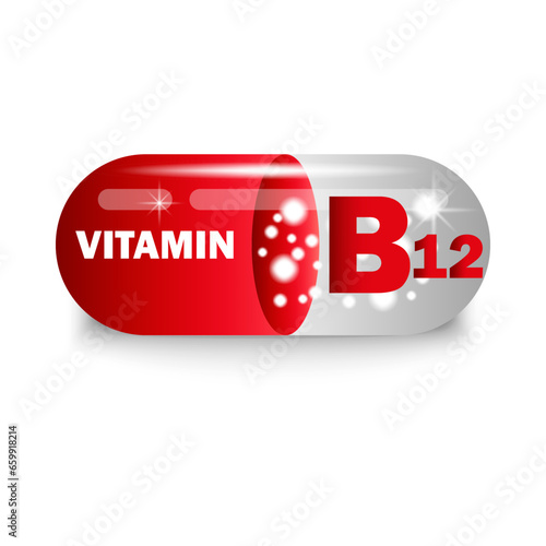 Vitamin B12 in red capsule. Health pill. Vector illustration. EPS 10.