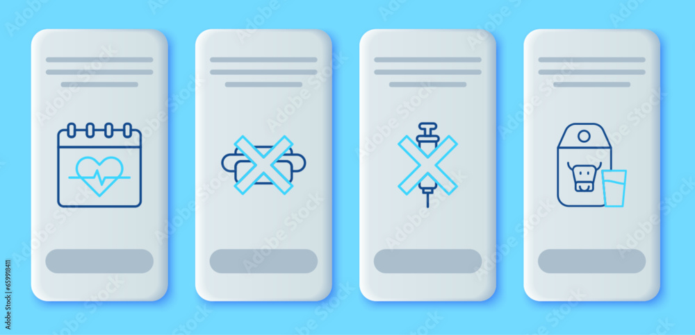Set line No junk food, doping syringe, Heart rate and Paper package for milk icon. Vector