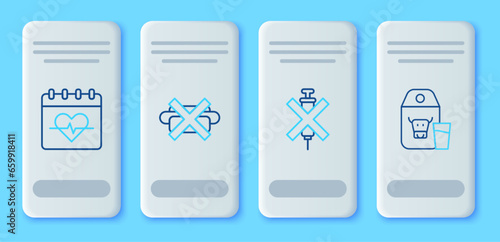 Set line No junk food, doping syringe, Heart rate and Paper package for milk icon. Vector