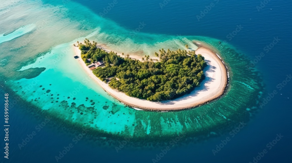 Beautiful shot of a private island in the middle of the ocean. Maldive Islands famous tourist destination. Small islands with sand and palms shot from above.