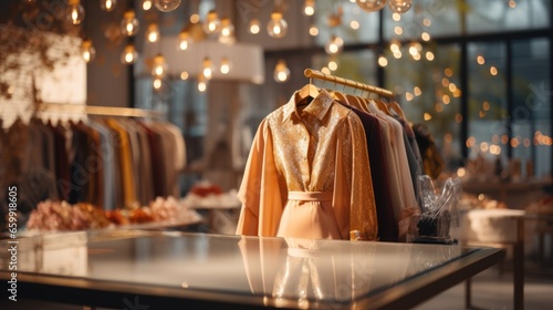 Fashion clothes in a trendy luxury boutique