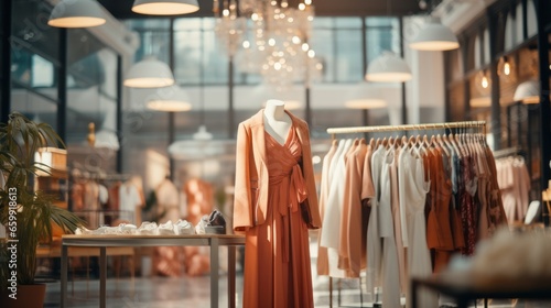 Fashion clothes in a trendy luxury boutique photo