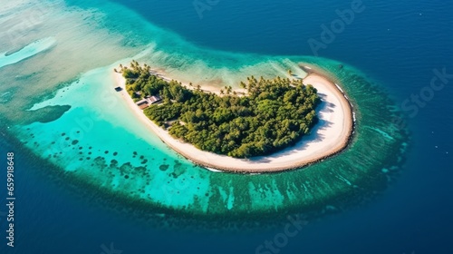 Beautiful shot of a private island in the middle of the ocean. Maldive Islands famous tourist destination. Small islands with sand and palms shot from above.