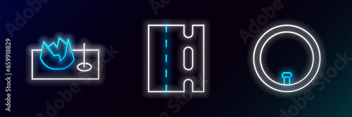 Set line Bicycle wheel, on street ramp and lane icon. Glowing neon. Vector