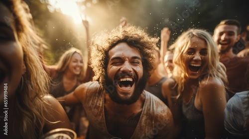 Hands of group of unrecognisable people toasting with beer bottles at outdoor party