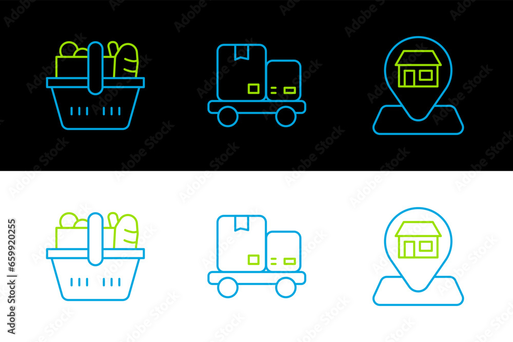 Set line Location Market store, Shopping basket and food and Hand truck boxes icon. Vector Set line Location Market store, Shopping basket and food and Hand truck boxes icon. Vector