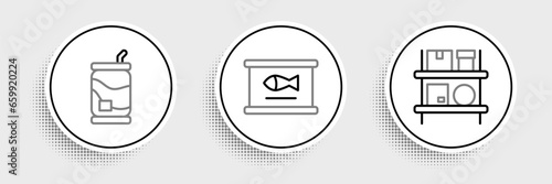 Set line Warehouse interior with boxes, Soda can and Canned fish icon. Vector