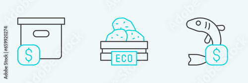 Set line Price tag for fish, Carton cardboard box with price and Wooden fruits icon. Vector
