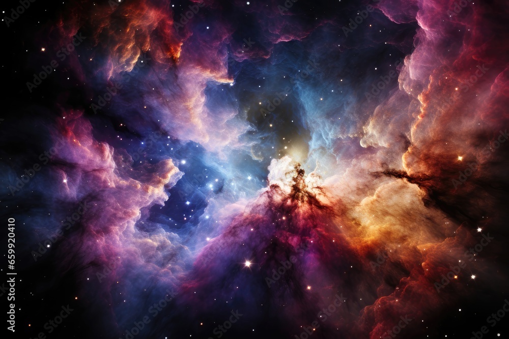 Fototapeta premium An imaginative background image for creative content, depicting a nebula with a radiant light source behind crimson and purple clouds, creating a otherworldly scene. Photorealistic illustration