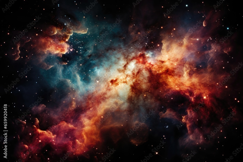 An abstract background image showcasing a nebula with a massive cloud illuminated in vibrant red and orange hues, with a brilliant light source emanating from behind. Photorealistic illustration