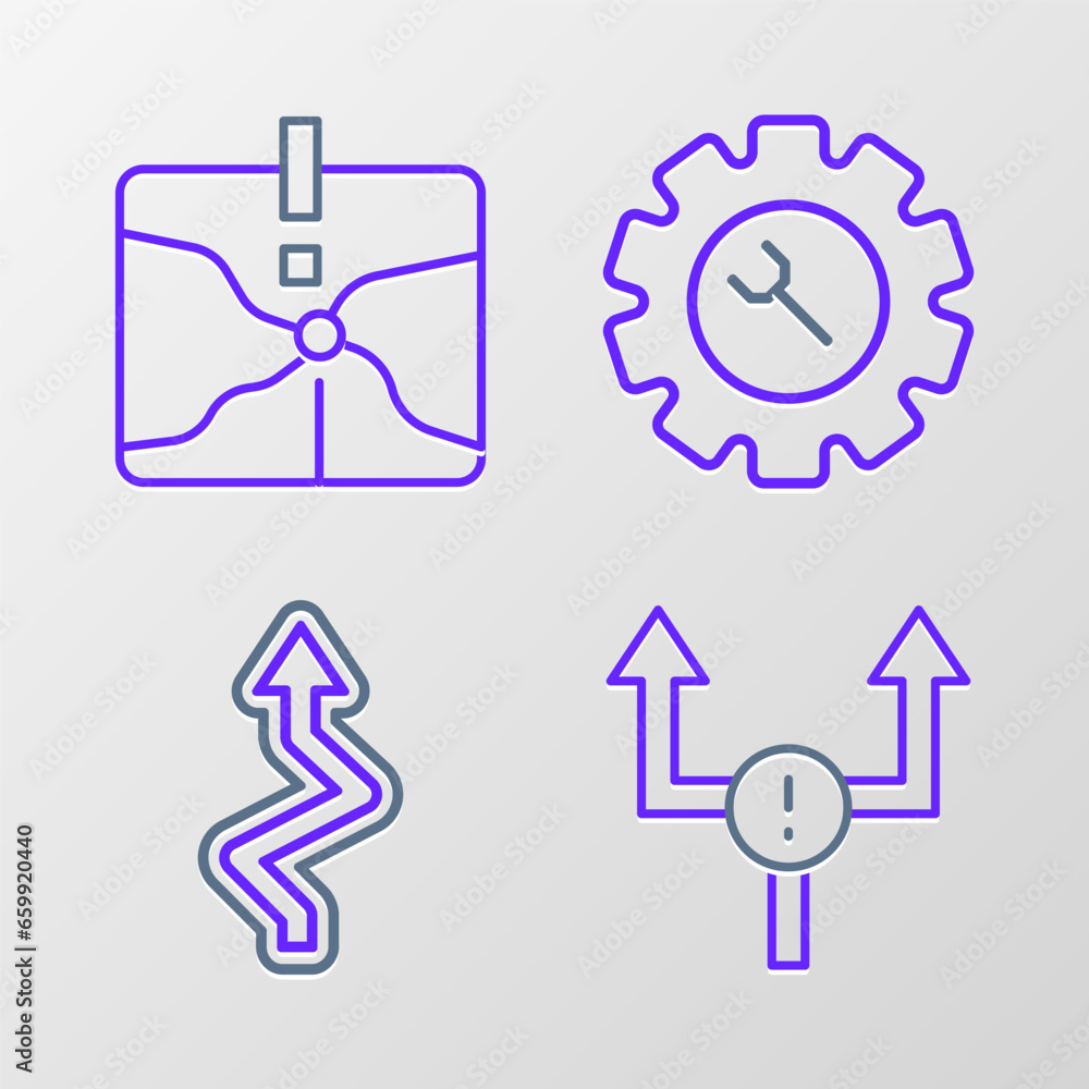 Set line Arrow, Wrench and gear and Intersection point icon. Vector Set line Arrow, Wrench and gear and Intersection point icon. Vector