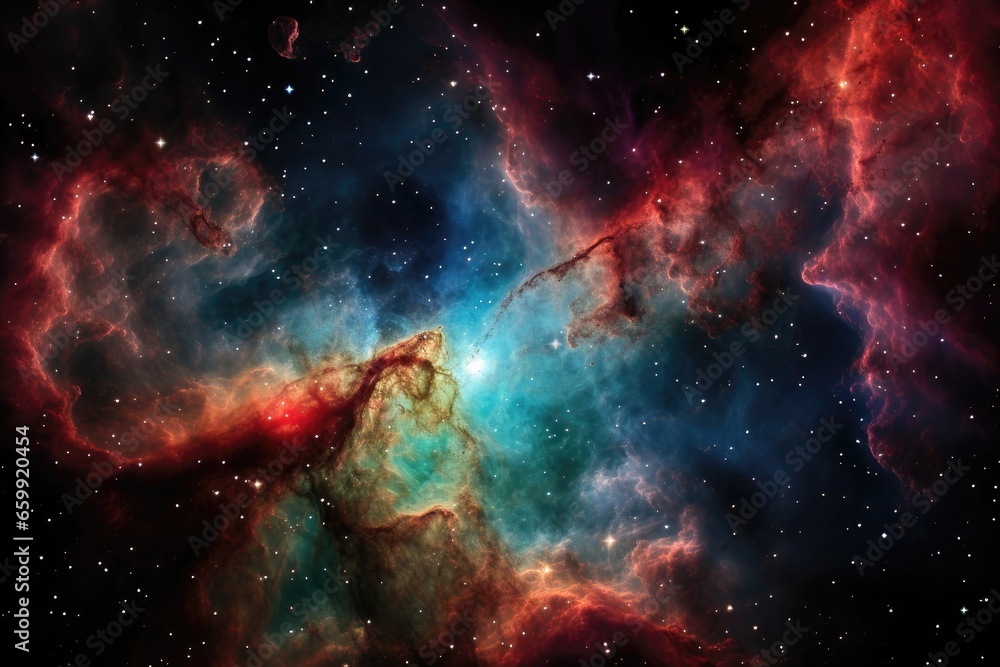 An abstract background image showcasing a nebula with two ethereal clouds that appear to be reaching out, creating a captivating and imaginative scene. Photorealistic illustration