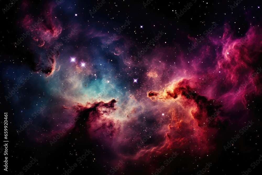 An abstract background image showcasing a nebula with expansive clouds encircling it and adorned with bright stars, creating a captivating and celestial scene. Photorealistic illustration