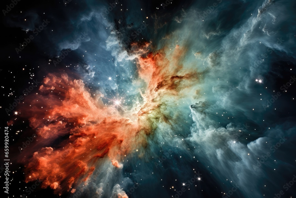 An abstract background image featuring a nebula with surrounding clouds seemingly converging towards a brilliant star, evoking a sense of cosmic wonder. Photorealistic illustration