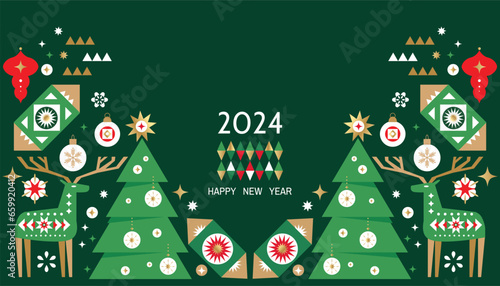 Merry Christmas and Happy New Year 2024  holiday template design banner, poster, card, cover. Gifts,    ball toy, christmas tree, golden snowflake   Modern Xmas flat cartoon cute vector illustration
