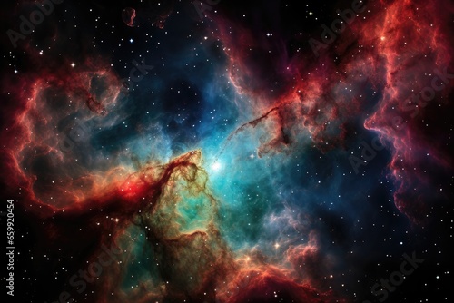 An abstract background image showcasing a nebula with two ethereal clouds that appear to be reaching out  creating a captivating and imaginative scene. Photorealistic illustration