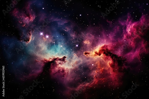 An abstract background image showcasing a nebula with expansive clouds encircling it and adorned with bright stars  creating a captivating and celestial scene. Photorealistic illustration