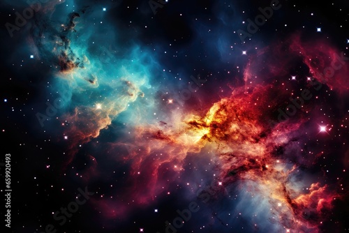 An abstract background image featuring a nebula with a linear shape characterized by distinct color steps  offering an intriguing composition. Photorealistic illustration