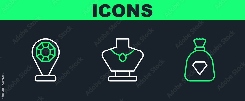 Set line Bag with gems, Jewelry store and Necklace on mannequin icon. Vector Set line Bag with gems, Jewelry store and Necklace on mannequin icon. Vector