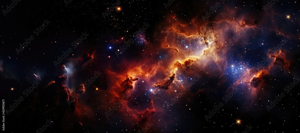 An imaginative background image presented in a wide and panoramic format, featuring a nebula with long-stretched clouds characterized by illuminated edges. Photorealistic illustration