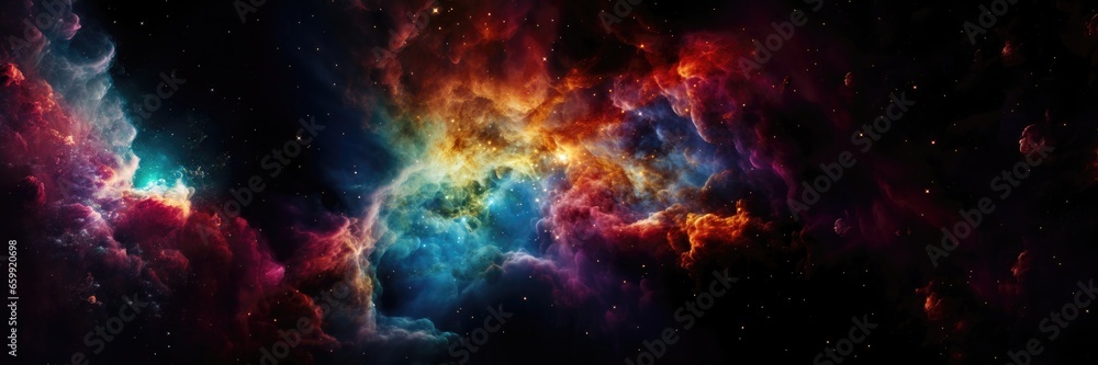 An imaginary background image presented in a panoramic format, featuring a nebula with colorful and fluffy clouds swirling around a radiant light source. Photorealistic illustration