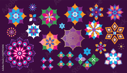 Traditional Indian festival Diwali. Happy Festival of lights Deepavali Template  set icons for greeting card Festive Burning diya graphic design background Vector abstract flat illustration
