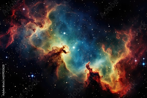 An imaginative background image for creative content featuring a nebula with a radiant light source that forms a golden edge on the surrounding clouds. Photorealistic illustration