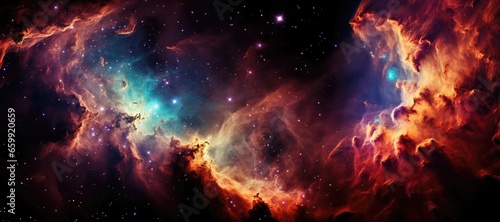 An imaginary background image presented in a wide format, showcasing a nebula with a central light source, creating a panoramic scene for artistic inspiration. Photorealistic illustration © DIMENSIONS