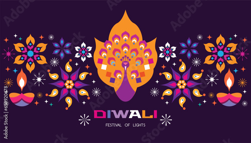 Traditional Indian festival Diwali. Happy Festival of lights Deepavali Template  set icons for greeting card Festive Burning diya graphic design background Vector abstract flat illustration