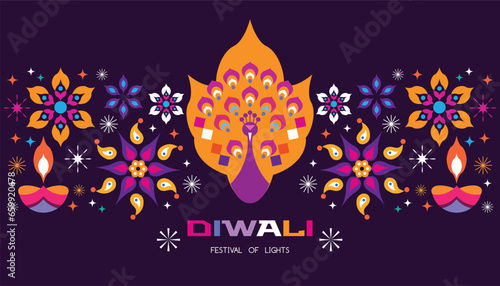 Traditional Indian festival Diwali. Happy Festival of lights Deepavali Template  set icons for greeting card Festive Burning diya graphic design background Vector abstract flat illustration
