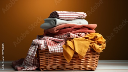 A pile of clean clothes and a wicker basket with clean cloths isolated on a transparent background.