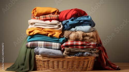 A pile of clean clothes and a wicker basket with clean cloths isolated on a transparent background. photo